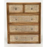 BAMBOO CHEST, wicker panelled and cane bound with five drawers, 73cm W x 43cm D x 90cm H.