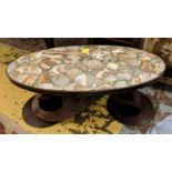 LOW TABLE, 112cm W x 47cm H x 53cm D bronzed framed with an oval segmented stone top.