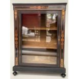 MARQUETRY BOOKCASE, Victorian ebonised, satinwood marquetry and gilt metal mounted with glazed