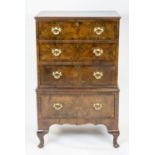 CHEST ON CHEST, 99cm H x 62cm x 43cm, early 20th century burr walnut in two parts with four drawers.