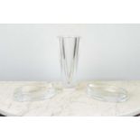 BACCARAT CRYSTAL TRANQUILITY ASHTRAYS, a pair, along with an Orrefors glass vase, vase 21cm H. (3)