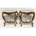 CONSOLE TABLES, a pair, French Louis XV style serpentine marble and giltwood, 72cm W x 39cm D x 80cm