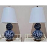 LAUREN RALPH LAUREN HOME TABLE LAMPS, a pair, double gourd blue and white ceramic, with shades,