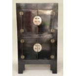 CHINESE LINEN CABINET, 210cm H x 119cm W x 56cm D, black lacquered and silvered metal mounted with