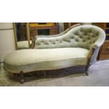 CHAISE LONGUE, 80cm H x 190cm W x 87cm D, Victorian walnut, circa 1860, in green velvet on brass