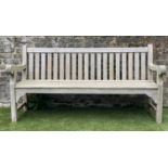 GARDEN BENCH, weathered teak of large size and substantial slatted construction, 180cm W.