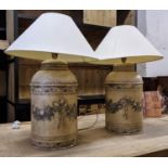 TABLE LAMPS, a pair, each 68cm H overall including shades, toleware. (2)