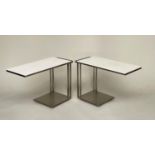 LAMP/DRINKS TABLES, a pair 1970s rectangular laminate a weighted stainless steel bases with