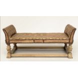 WINDOW SEAT, early 20th century Edwardian oak with pleated leather seat and turned stretchered