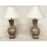 TABLE LAMPS, a pair, Chinese ceramic famille verte and gilded of facetted vase form (with shades),
