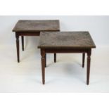 LAMP TABLES, 46cm H x 60cm, a pair, each with square low relief flowerhead decorated top. (2)