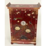 CHINESE SIDE CABINET, scarlet lacquered and gilt Chinoiserie decorated and silvered metal with two