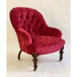 ARMCHAIR, Victorian walnut with garnet chenille velvet upholstery with deep buttoned rounded back