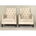 ARMCHAIRS, a pair, buttoned linen upholstered with square backs and arms and tapering supports, 78cm