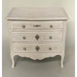 COMMODE, French Louis XV style grey painted and silvered metal mounted with three long drawers, 74cm