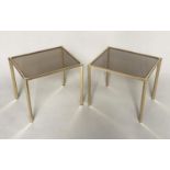 LAMP TABLES, a pair, rectangular gilt metal frames with sepia glass tops, 52cm x 38cm D x 42cm H. (
