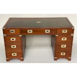 CAMPAIGN STYLE DESK, 1970s mahogany and brass bound with tooled leather writing surface, twin