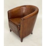 TUB ARMCHAIR, stitched mid brown leather upholstered with rounded back and arms, 70cm W.