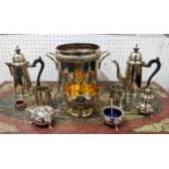 QUANTITY OF SILVER AND PLATE, including , a cruet set and champagne bucket ,coffee pots. etc. (Qty)