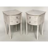 BEDSIDE/LAMP TABLES, a pair, French Louis XVI style grey painted, bowfronted with two drawers and