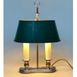 BOUILLOTTE TABLE LAMP, early 20th century silver plated with adjustable oval green toleware shade,