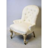 SLIPPER CHAIR, 84cm H x 64cm, Victorian painted in buttoned white material on brass castors.