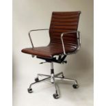 REVOLVING DESK CHAIR, Charles and Ray Eames inspired with ribbed tan leather seat revolving and