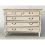 LOW CHEST, French style traditionally grey painted with five drawers and silvered metal loop