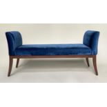 WINDOW SEAT, rectangular piped royal blue velvet upholstered with raised arms, 142cm W x 62cm D x
