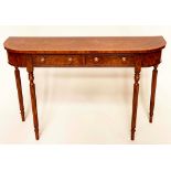 HALL TABLE, Regency design burr walnut and crossbanded with two frieze drawers and reeded tapering