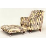 ARMCHAIR AND STOOL, 1960s style yellow and black striped, 92cm H x 80cm W, with matching stool, 28cm