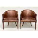 LIBRARY/DESK ARMCHAIRS, a pair, George III design mahogany and brass studded tan leather