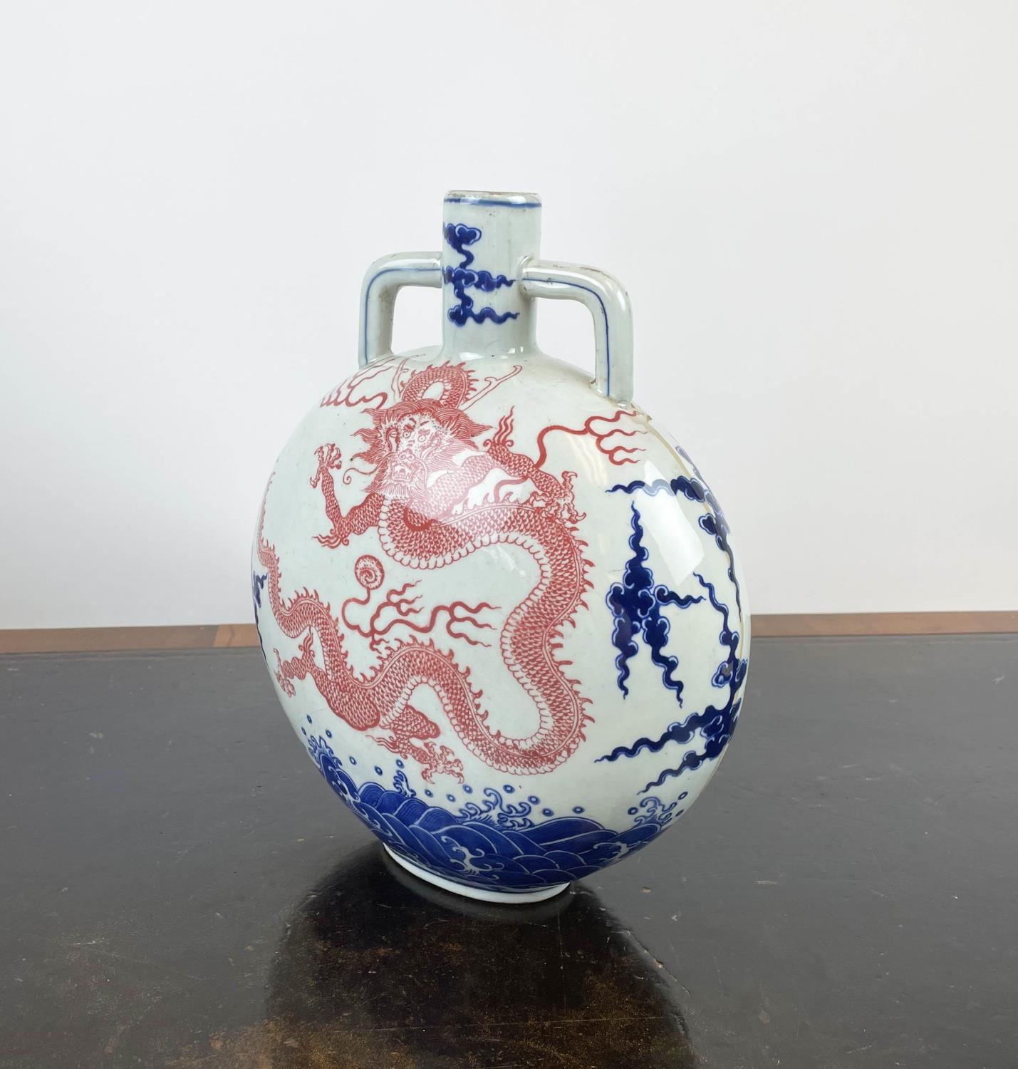 DRAGON MOONFLASK VASE, with a red dragon chasing the flaming pearl of wisdom a mist blue sea and - Image 6 of 6