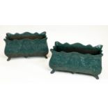PLANTERS, a pair, 19th century French green painted cast iron, 34cm H x 60cm. (2)