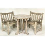 GARDEN ARMCHAIRS, a pair, weathered teak by Lister with flat top arms together with a round table,