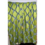 CURTAINS, a pair, 250cm drop x 240cm gathered approx, embroidered green design on grey ground. (2)