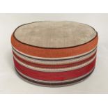 STOOL, circular piped linen and Moorish style woven border, 63cm W x 32cm H .