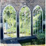 ARCHITECTURAL GARDEN MIRRORS, a set of three, 160cm high x 67cm wide, Gothic style, aged metal