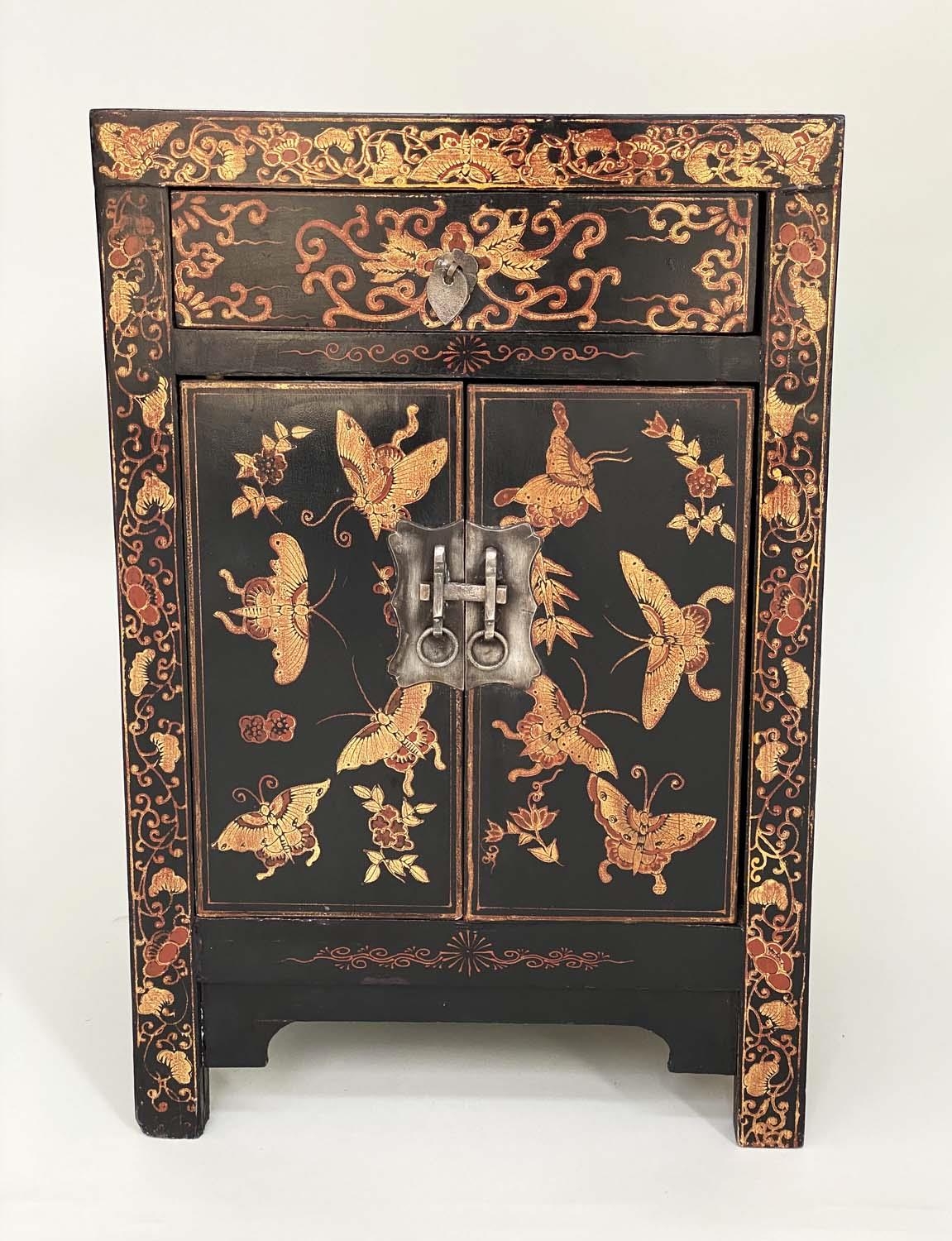 CHINESE SIDE CABINET, early 20th century Chinese lacquered and gilt Chinoiserie butterfly decoration