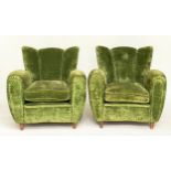 WING ARMCHAIRS, a pair, green velvet upholstered with 'cloud' backs, rounded arms and tapering