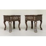 LOW TABLES, a pair, early 20th century Moorish hardwood and mother of pearl inlaid each square