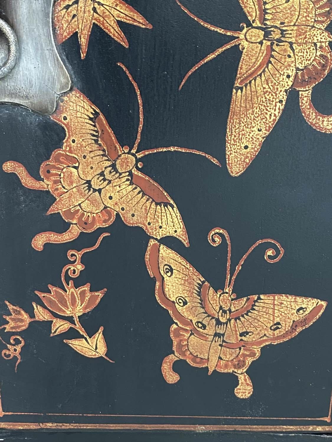 CHINESE SIDE CABINET, early 20th century Chinese lacquered and gilt Chinoiserie butterfly decoration - Image 5 of 7