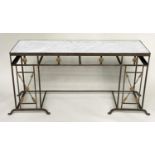 CONSOLE TABLE, Regency style wrought iron with inset Carrara marble and lion mask and cross arrow