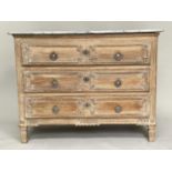 COMMODE, early 19th century French bleached carved oak and silvered metal mounted with three long