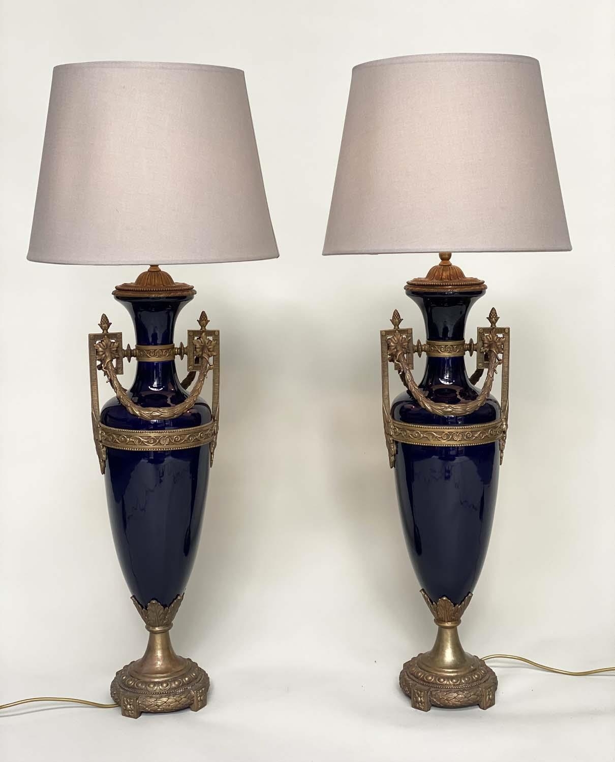 TABLE LAMPS, a pair, Neo Classical style deep blue glazed ceramic and gilt metal mounted of vase