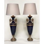 TABLE LAMPS, a pair, Neo Classical style deep blue glazed ceramic and gilt metal mounted of vase