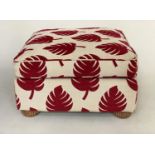 CENTRE STOOL, square with burgundy/cream pine cone linen fabric upholstery and bun supports, 80cm
