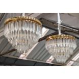 MURANO GLASS CEILING LIGHTS, a pair, ceiling mounted with Quadedri drops on gilt frames, 34cm drop