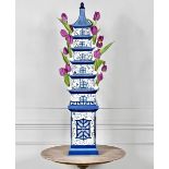 CHINESE PAGODA TULIP VASE, 90cm high, 19cm wide, blue and white transfer printed, five tier form.