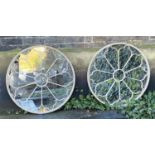 CIRCULAR ARCHITECTURAL GARDEN MIRRORS, pair, 80cm diameter, applied glazing bars, aged white painted